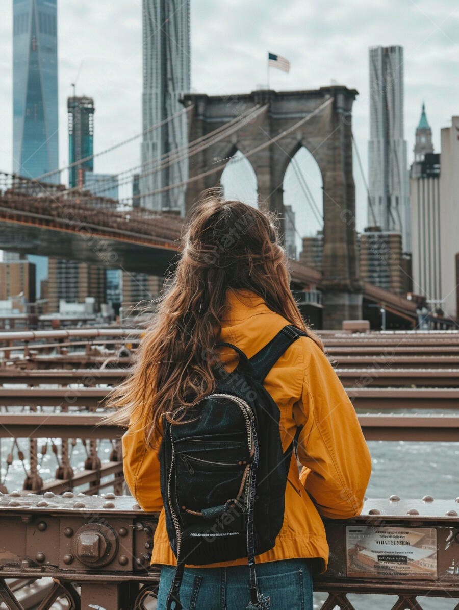 Mulher admirando Ponte do Brooklyn em Nova York