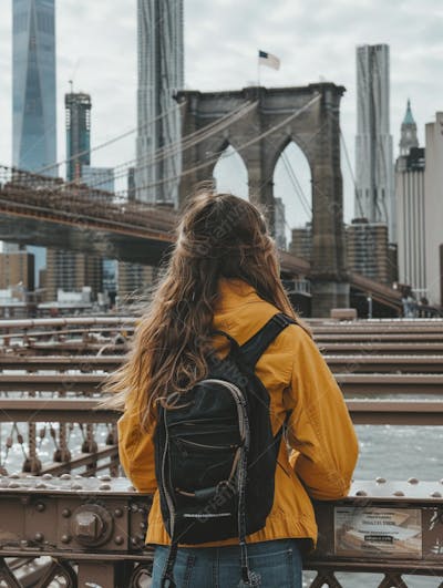 Mulher explorando Nova York entre as luzes vibrantes da cidade