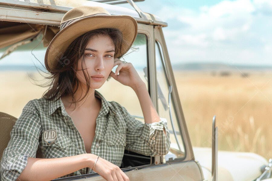 Mulher em chapéu de safari em jipe