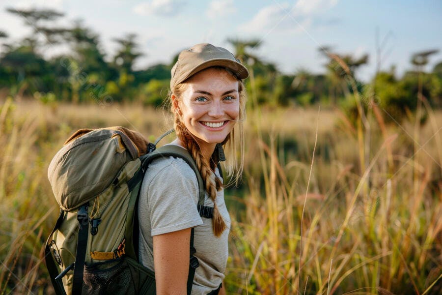Mochila de trilha mulher sorrindo na savana