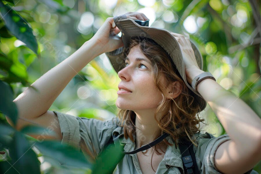 Mulher exploradora em floresta tropical