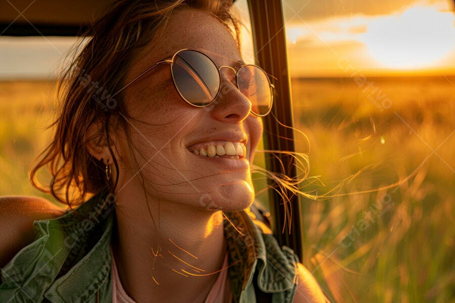 Mulher feliz no pôr do sol campo