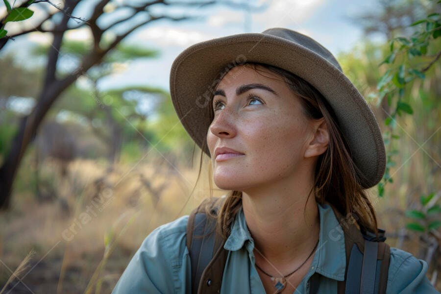 Mulher exploradora olhando para o céu na savana