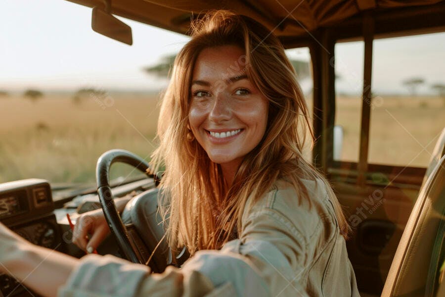 Mulher sorrindo dirigindo jipe na savana