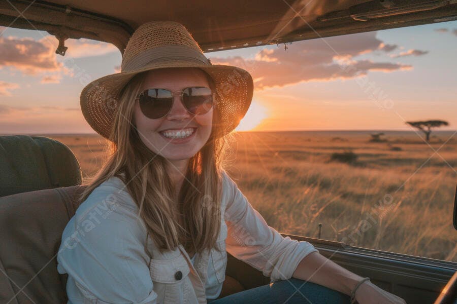 Mulher sorrindo em safari ao pôr do sol