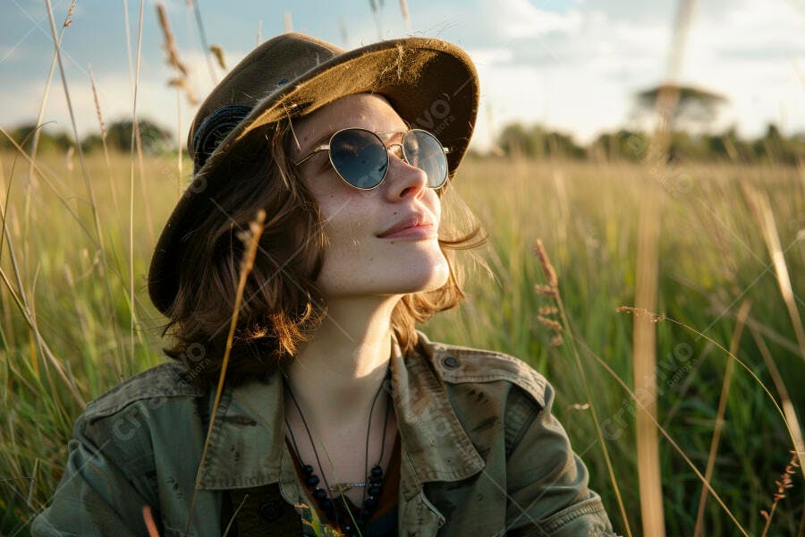 Mulher contemplativa em campo dourado ao entardecer