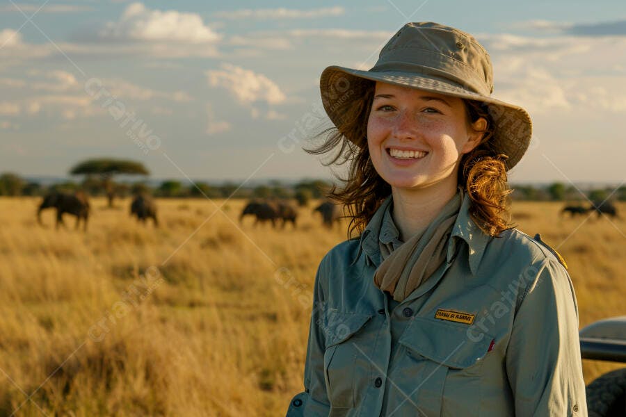 Guia turística sorrindo na savana africana