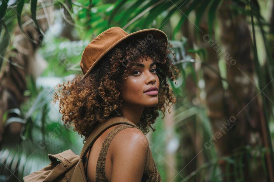 Moça com chapéu marrom em floresta tropical