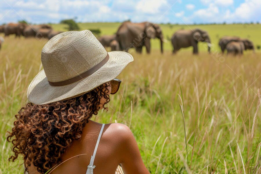 Mulher observando elefantes na savana africana