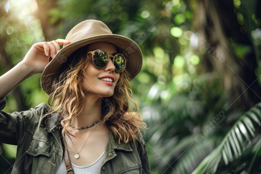 Mulher sorridente em floresta tropical