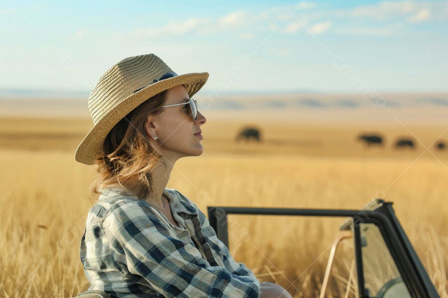 Mulher em safári observando animais na savana
