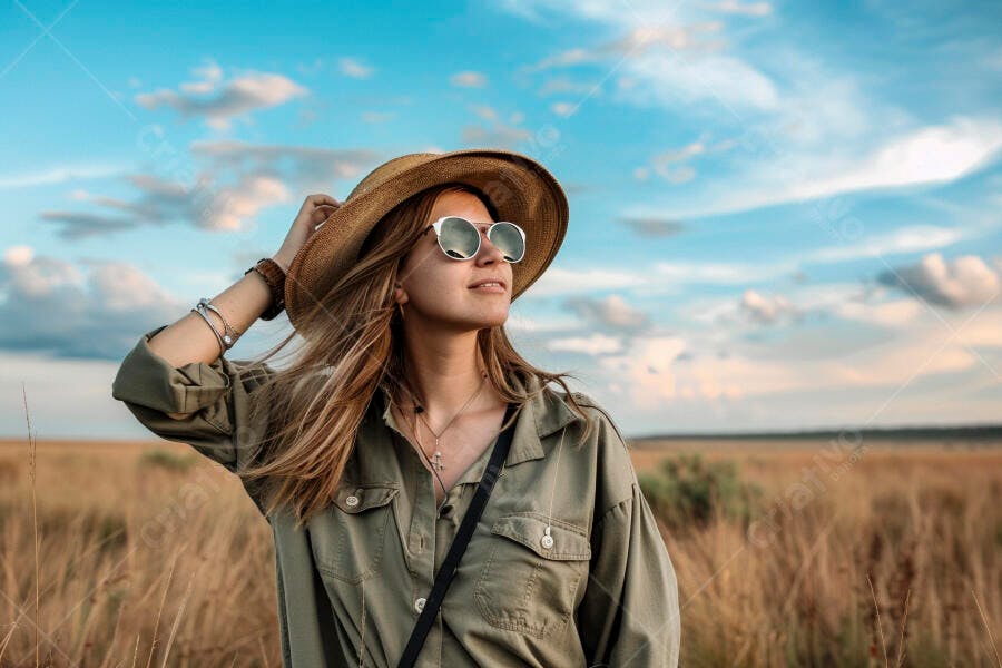 Mulher em campo com chapéu e óculos de sol