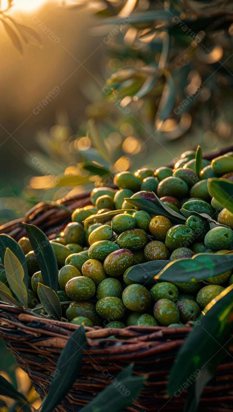 Azeitonas verdes em cesta ao pôr do sol