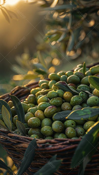 Cesta cheia de azeitonas frescas ao pôr do sol