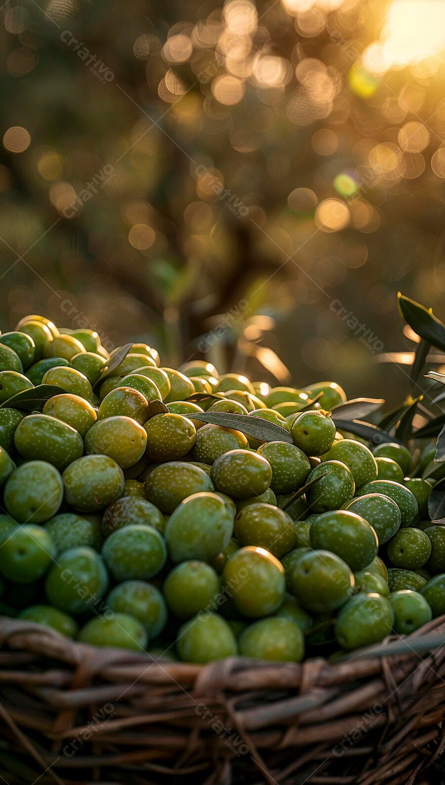 Azeitonas verdes em cesta ao pôr do sol