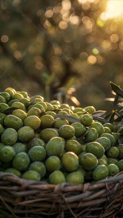 Cesta cheia de azeitonas frescas ao pôr do sol