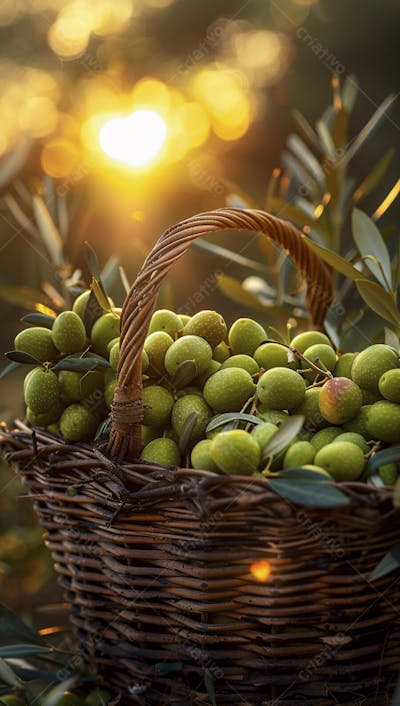 Cesta cheia de azeitonas frescas ao pôr do sol