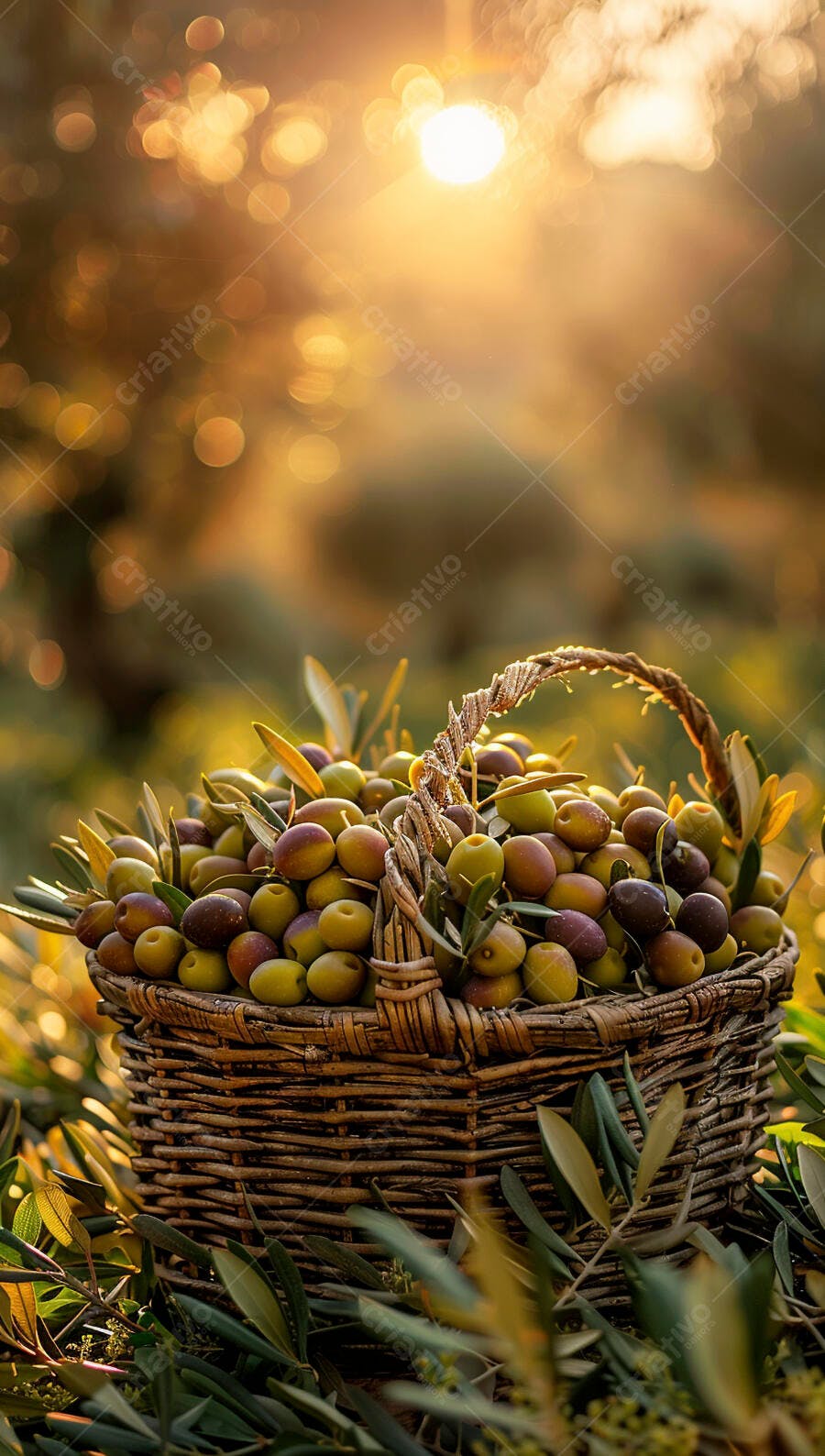Cesta de azeitonas ao pôr do sol