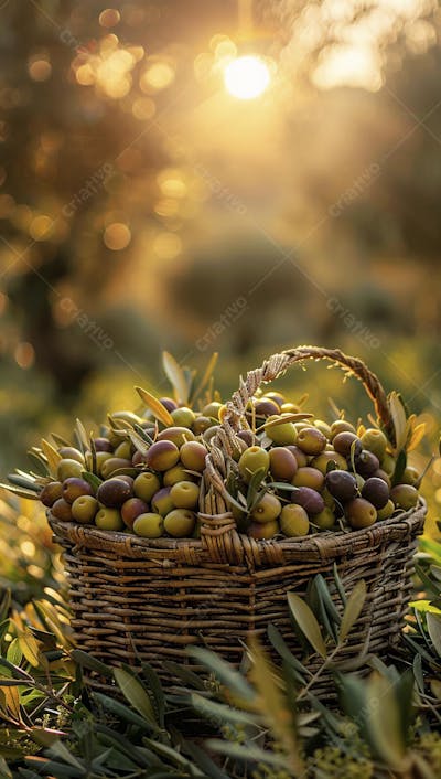 Cesta cheia de azeitonas frescas ao pôr do sol
