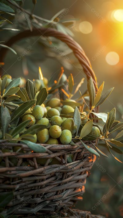 Cesta cheia de azeitonas frescas ao pôr do sol