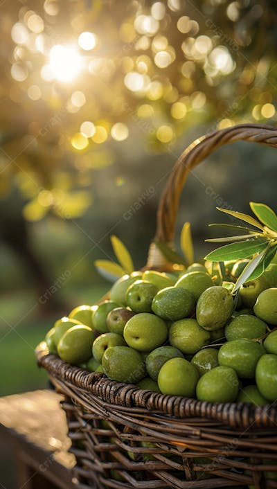 Cesta cheia de azeitonas frescas ao pôr do sol