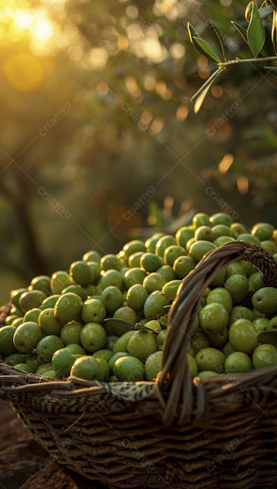 Cesta cheia de azeitonas frescas ao pôr do sol