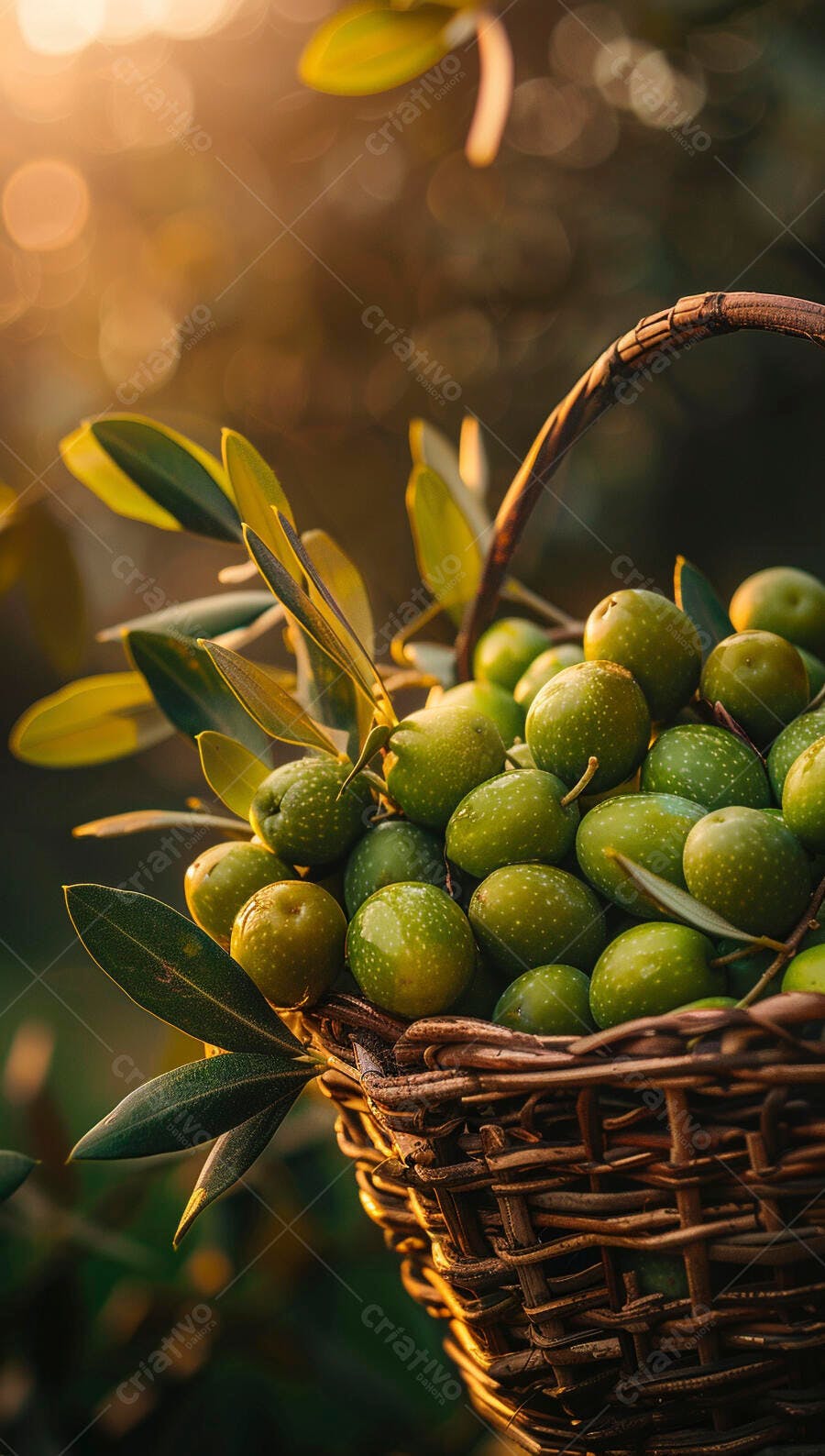 Azeitonas verdes em cesta de vime ao entardecer