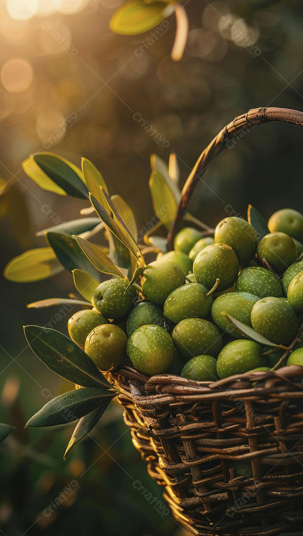 Cesta cheia de azeitonas frescas ao pôr do sol