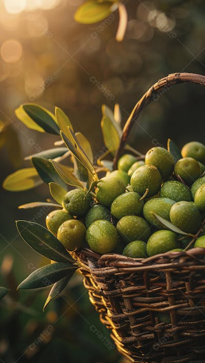Cesta cheia de azeitonas frescas ao pôr do sol