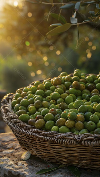Cesta cheia de azeitonas frescas ao pôr do sol