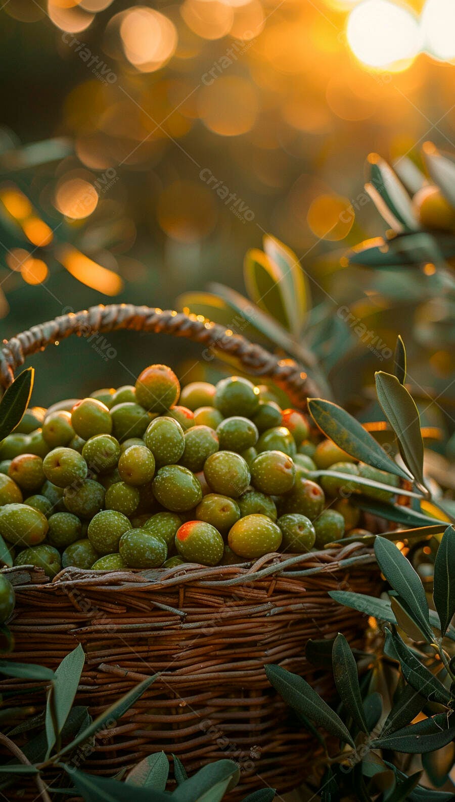 Azeitonas verdes em cesta de vime ao entardecer