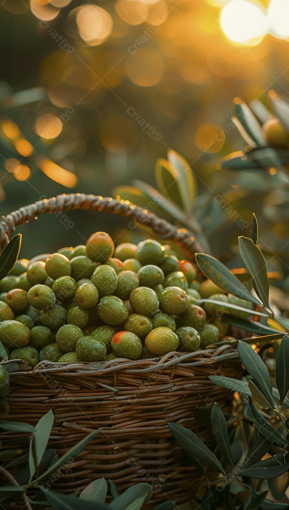 Cesta cheia de azeitonas frescas ao pôr do sol