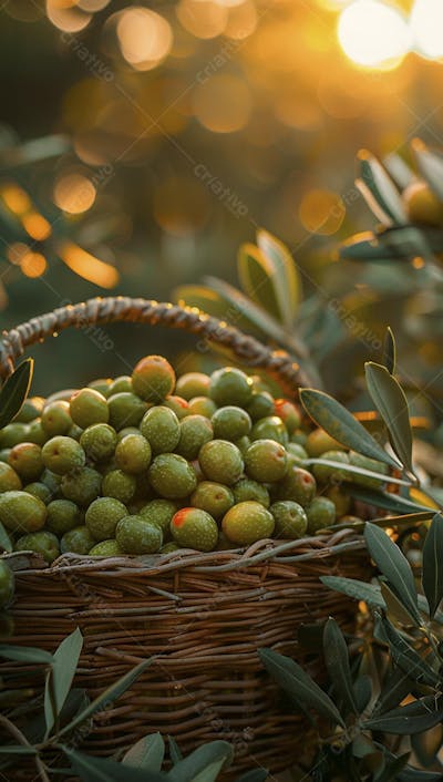 Cesta cheia de azeitonas frescas ao pôr do sol