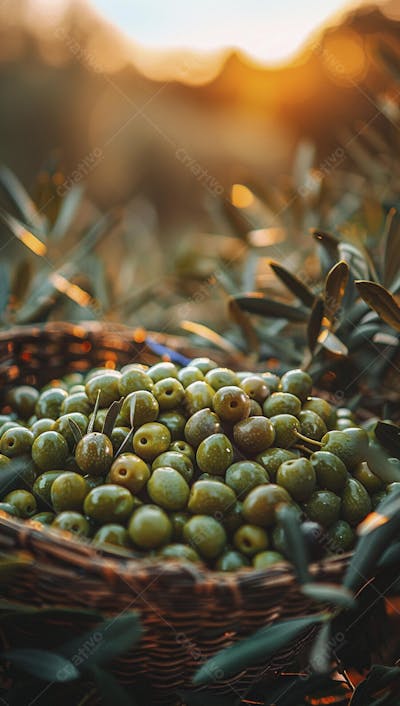 Cesta cheia de azeitonas frescas ao pôr do sol