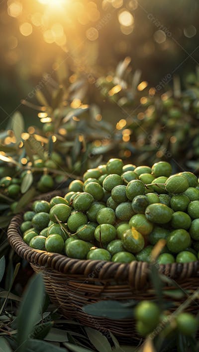 Cesta cheia de azeitonas frescas ao pôr do sol