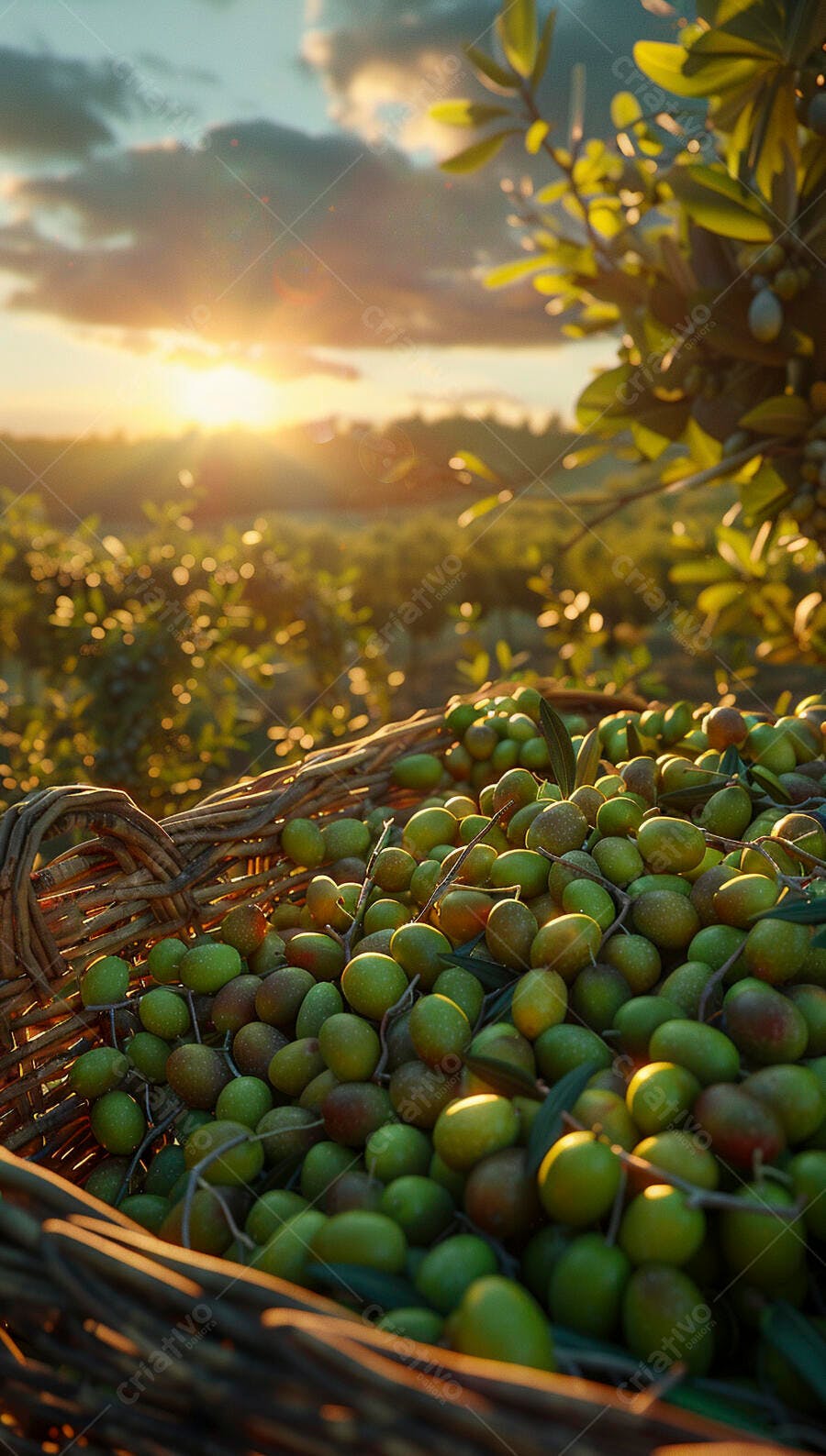 Azeitonas verdes em cesta ao pôr do sol