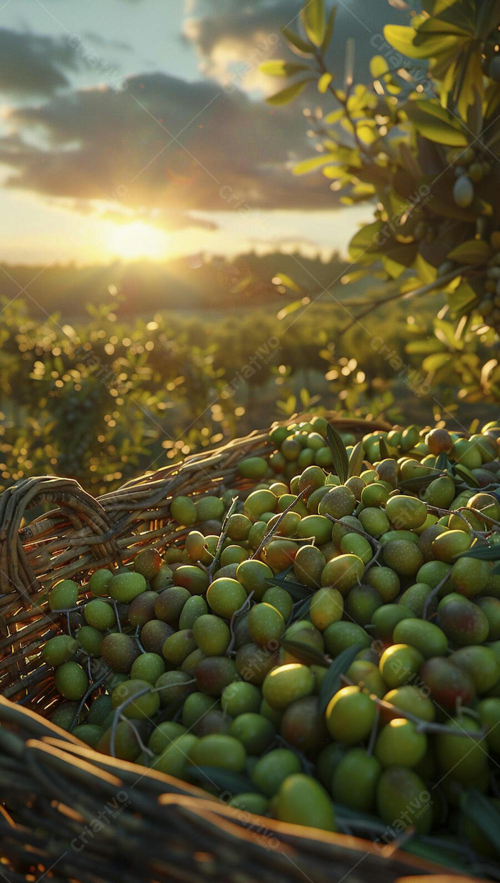 Cesta cheia de azeitonas frescas ao pôr do sol