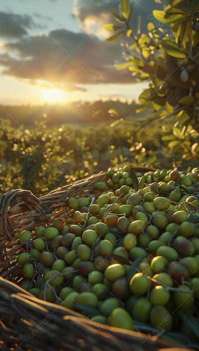 Cesta cheia de azeitonas frescas ao pôr do sol