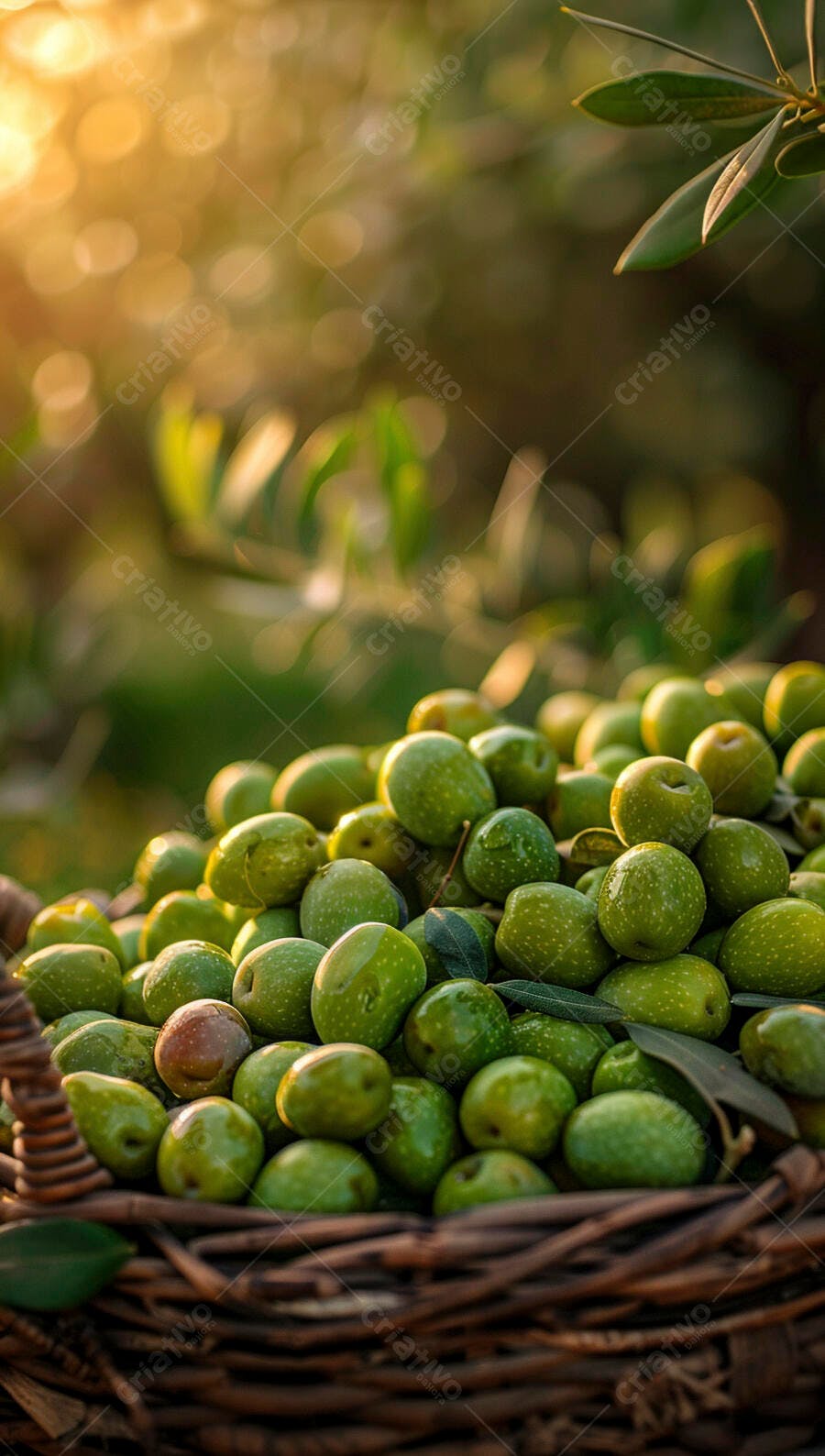 Azeitonas verdes em cesta de vime ao pôr do sol