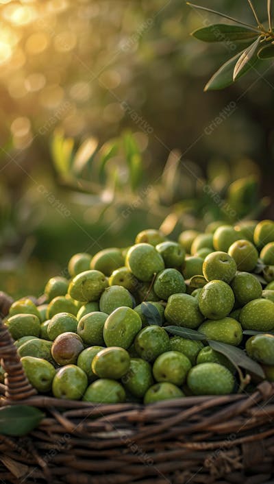 Cesta cheia de azeitonas frescas ao pôr do sol