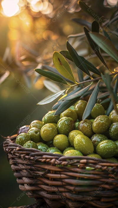 Cesta cheia de azeitonas frescas ao pôr do sol