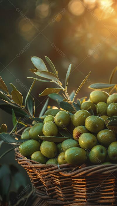 Cesta cheia de azeitonas frescas ao pôr do sol