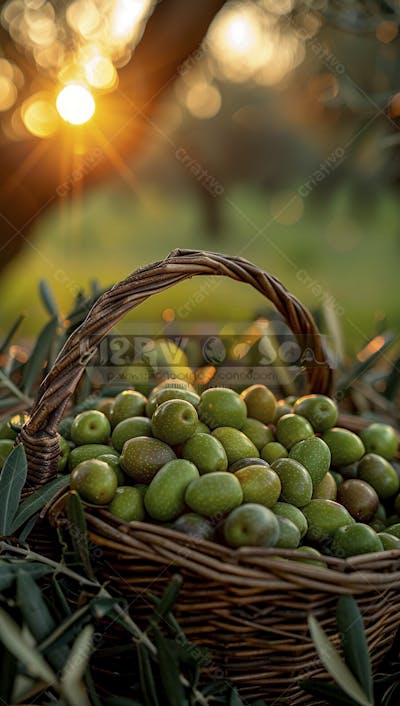 Cesta cheia de azeitonas frescas ao pôr do sol