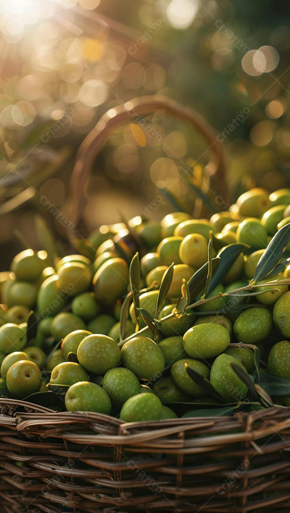 Cesta cheia de azeitonas frescas ao pôr do sol