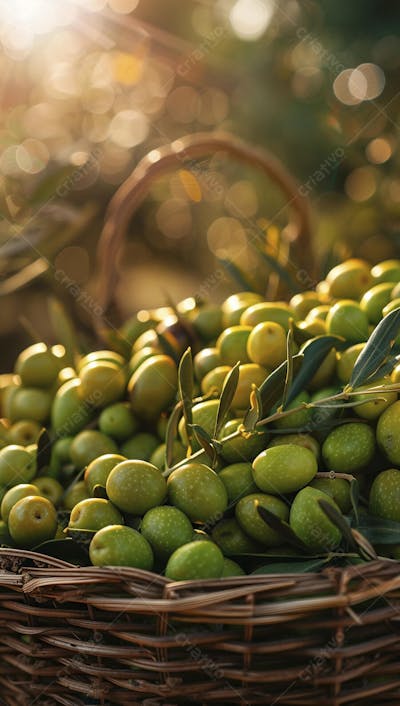 Cesta cheia de azeitonas frescas ao pôr do sol