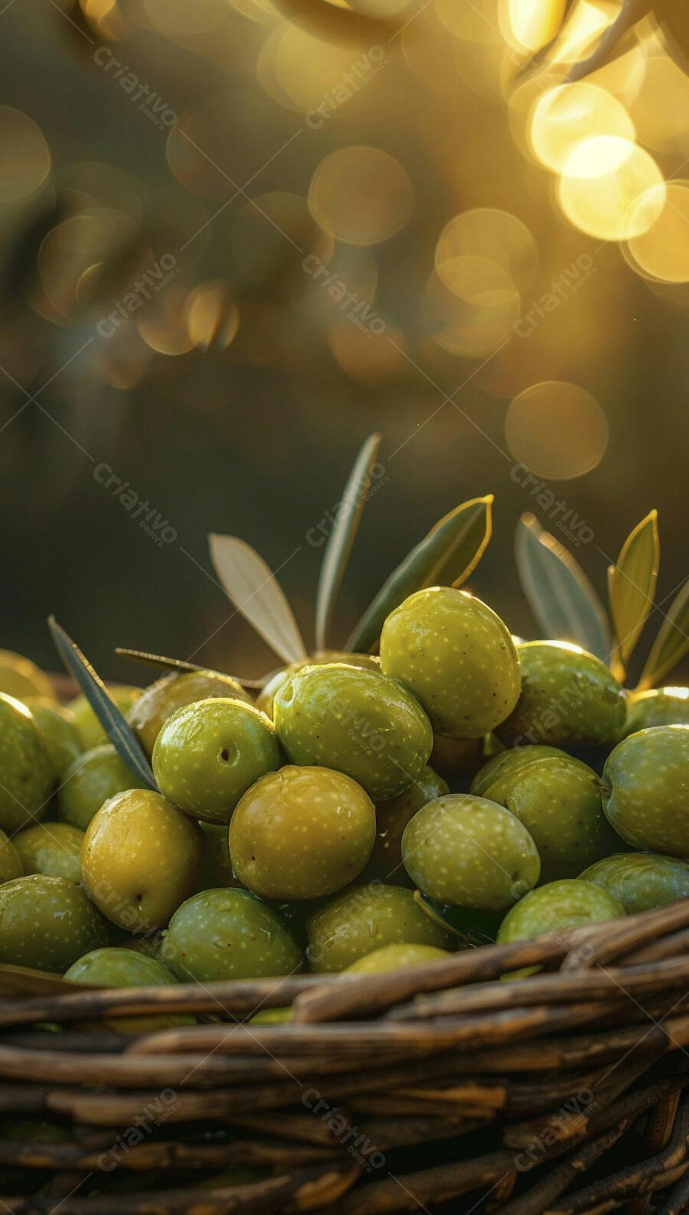 Cesta cheia de azeitonas frescas ao pôr do sol