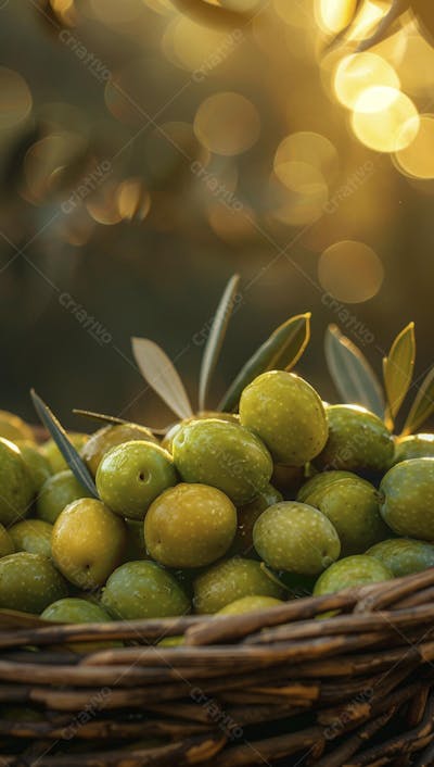 Cesta cheia de azeitonas frescas ao pôr do sol