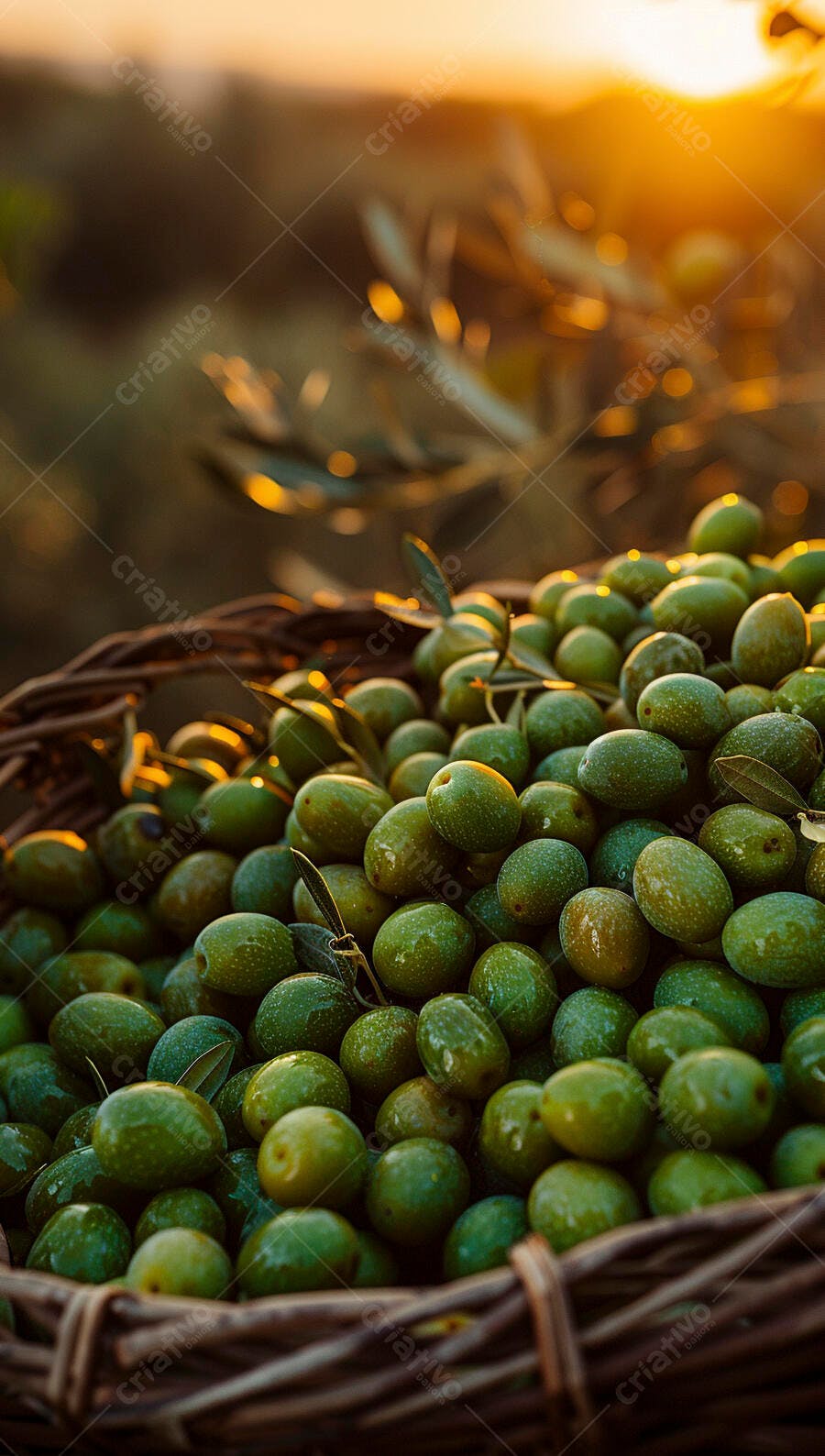 Azeitonas verdes em cesta ao pôr do sol