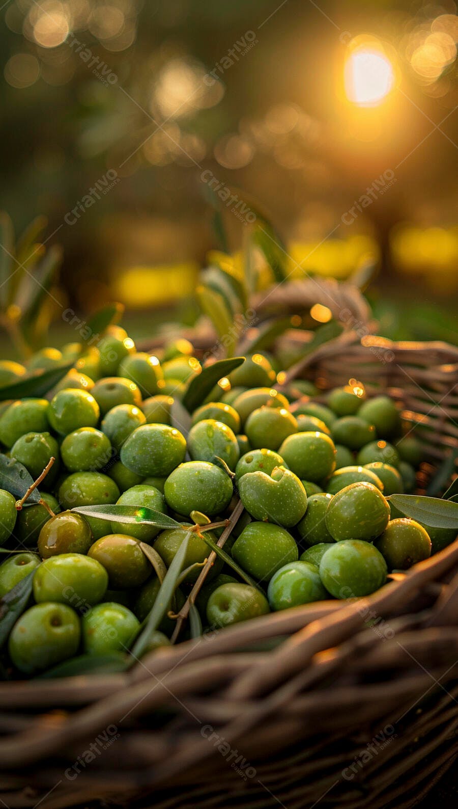 Azeitonas verdes em cesta ao pôr do sol