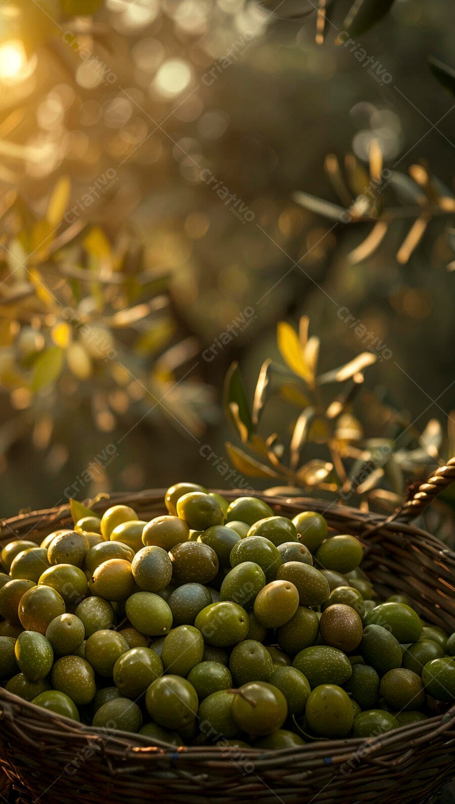Azeitonas verdes em cesta de vime ao entardecer